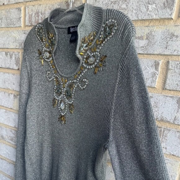 Objects D'art Long Sleeve Embellished V-Neck Gray Metallic Ribbed Sweater Size L - Picture 5 of 7